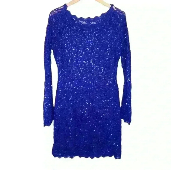 Sequin Hearts Plus Size Long Sleeve Blue Lace Short Dress - Picture 1 of 13
